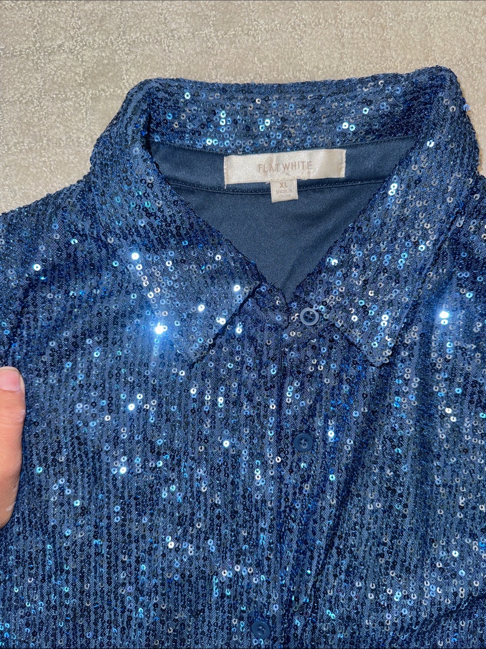 Anthropologie - FLAT WHITE - Sparkling Navy Blue Sequin Button-Up Shirt